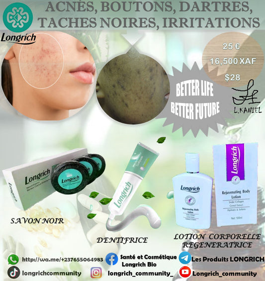 Acnés, Boutons, Dartres, Taches noires, Irritations Traitement Longrích
